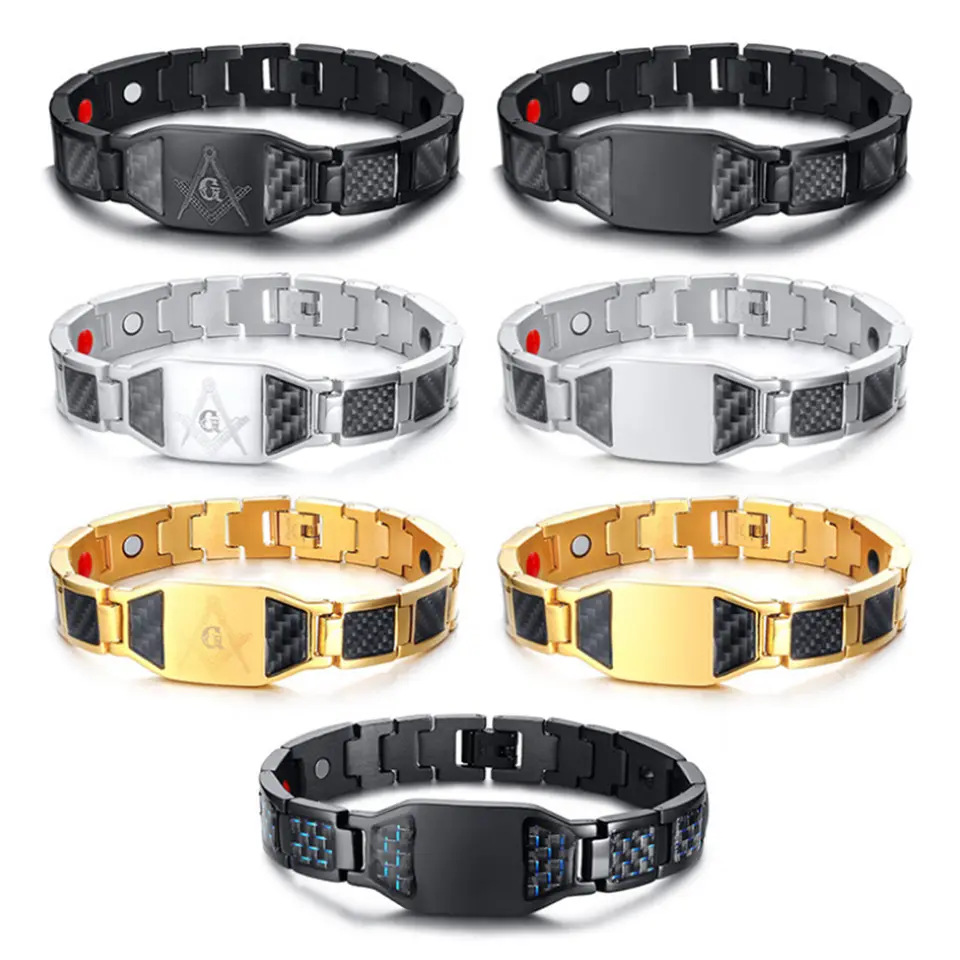 Cross-border removable titanium steel gold-plated carbon fiber magnet bracelet laser lettering radiation-proof men's magnetic therapy bracelet