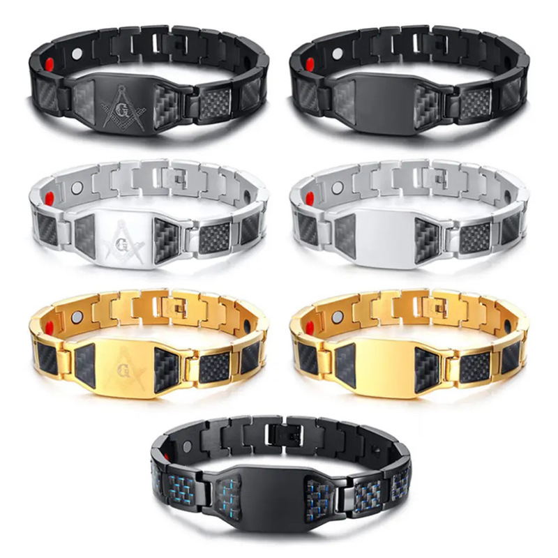 Cross-border removable titanium steel gold-plated carbon fiber magnet bracelet laser lettering radiation-proof men's magnetic therapy bracelet