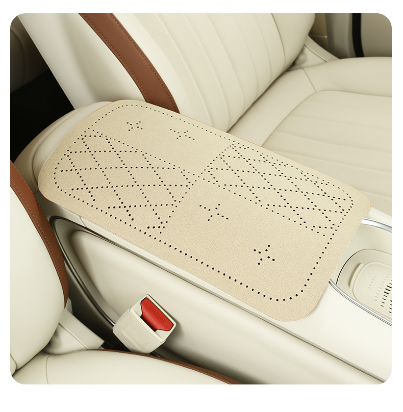 Car armrest box protective pad, breathable diamond perforated suede armrest pad, simple style car interior accessory