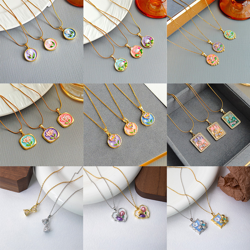 European and American Cross-Border Stainless Steel Oil Painting Rose Necklace Women's Light Luxury Niche High-End Flower Pearl Clavicle Chain Jewelry