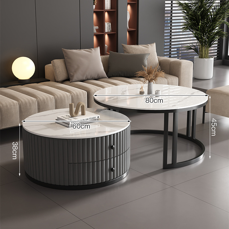 Mesa de té de tabla de roca de lujo ligero para el hogar 2024 nuevo tipo de mesa de té de vidrio templado redondo simple y de alta calidad