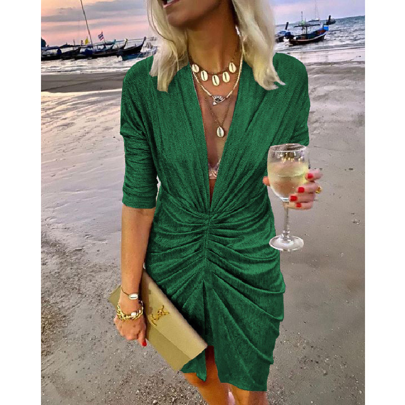 Elegant Solid Color V Neck Long Sleeve Pleated Polyester Knee-Length A-Line Skirt