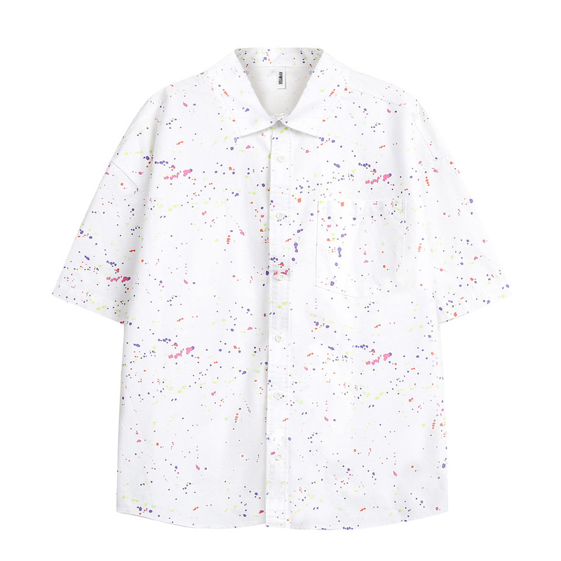 Japanese-style cityboy silhouette lacquered splash ink tooling short sleeve shirt men's and women's loose cotton half sleeve shirt fashion