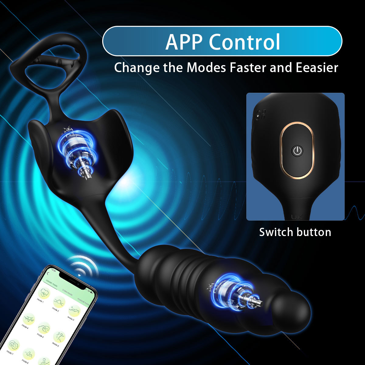 App-Controlled Telescopic Prostate Massager with Vibrating Rear Plug, Silicone — detail image 3