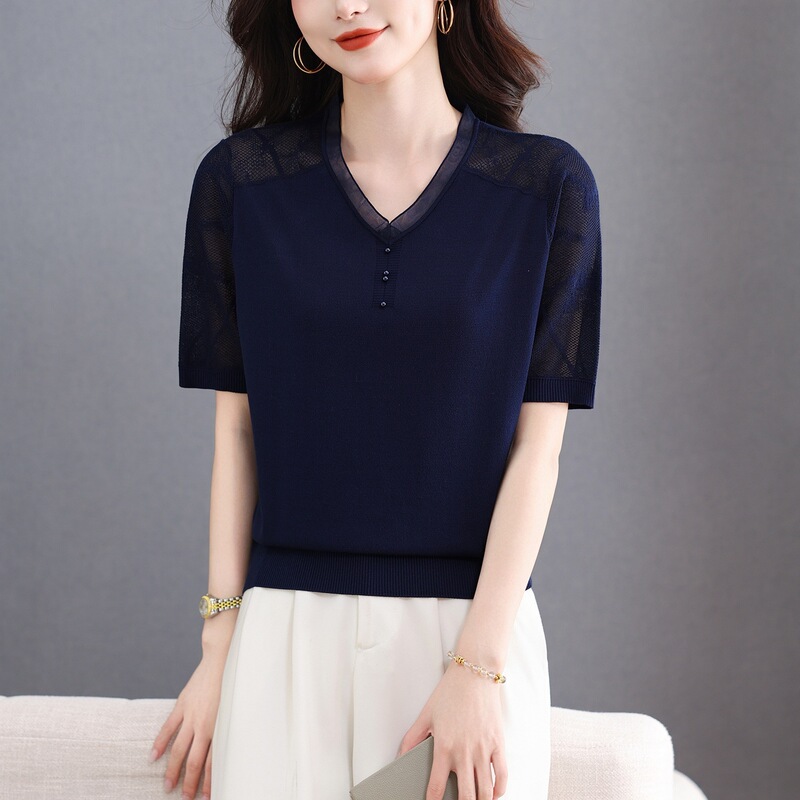 Light Luxury Brand Women's Clothing V-Neck Hollow-Out Knit T-Shirt, High-End Fashion, Simple Solid Color, Versatile, Stylish Short-Sleeve Top