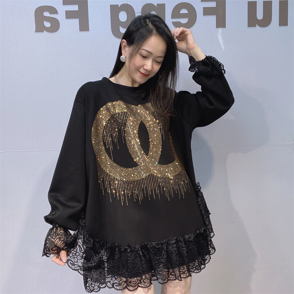 Ropa de Mujer Europea y estadounidense transfronteriza suelta y de alta gama blusa de manga larga de encaje de otoño femenino empalmada camisa de manga larga de cuello redondo de diamante de agua image 9