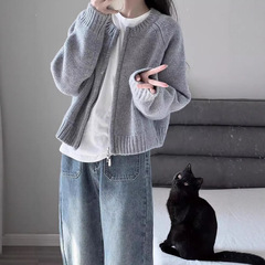 灰色短款毛衣外套女2025春装新款宽松拉链开衫长袖针织衫百搭上衣