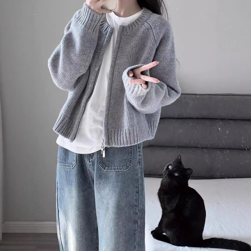 灰色短款毛衣外套女2025春装新款宽松拉链开衫长袖针织衫百搭上衣|undefined