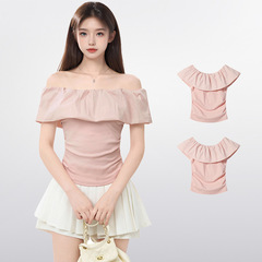 ピンクフリルワンショルダーオフショルダー半袖Tシャツ女性用2025年夏新作スリムフレンチトップ