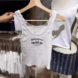 BM风新款U型领骷髅头字母印花吊带无袖背心女 bm辣妹修身打底上衣