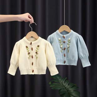 Girls' Sweater Handmade Flower Cardigan Children's Spring Top Baby 2024 New Children's Knitted Jacket Spring