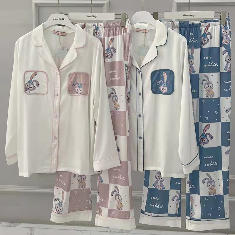 2021秋冬格子時尚兔子短袖可愛新款網紅睡衣女寬松雙短套裝家居服