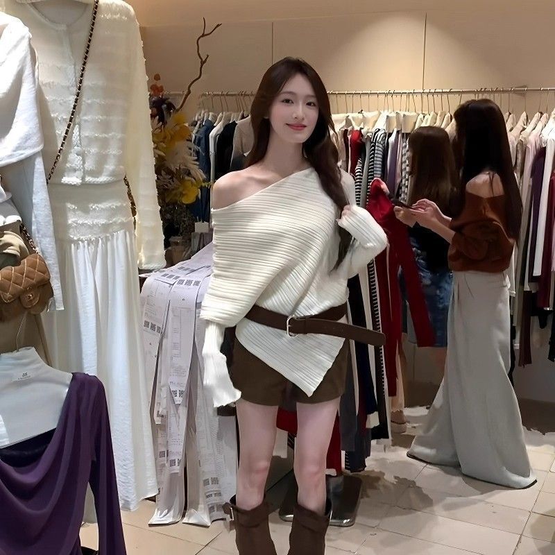 Spring, Autumn and Winter Unique and Beautiful Asymmetrical Tops for Women, Chic Slanted Shoulder Long-Sleeved Knitwears [No Belt]