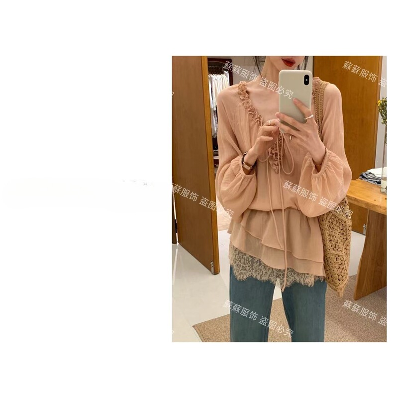 216 Irregular Shirt for Women, New Spring Lace Patchwork, Fashionable and Elegant Blouse in Apricot Color, Other Colors Available 216 Irregular Shirt for Women, New Spring Lace Patchwork, Fashionable and Elegant Blouse in Apricot Color, Other Colors Available