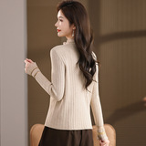 时尚大码长袖衫2025冬装新款胖MM减龄木耳边半高领蕾丝弹力打底衫，女装针织衫/毛衣，妃慕昵服饰