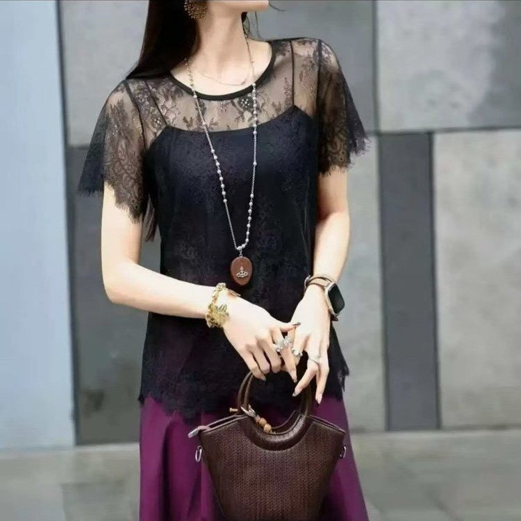 2026 Summer New Design Cap Sleeve Eyelash Lace Exquisite Layered Inner Top Fashionable Versatile Blouse 2026 Summer New Design Cap Sleeve Eyelash Lace Exquisite Layered Inner Top Fashionable Versatile Blouse