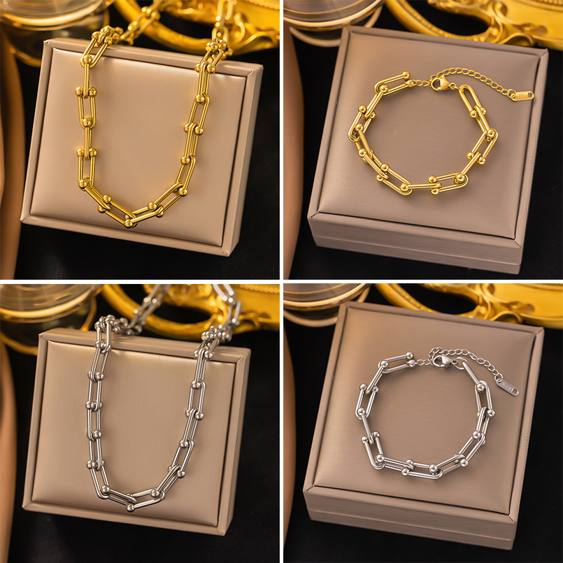 304 Stainless Steel 18K Gold Plated Casual Simple Style Plating Chain Solid Color Bracelets Earrings Necklace display picture 1