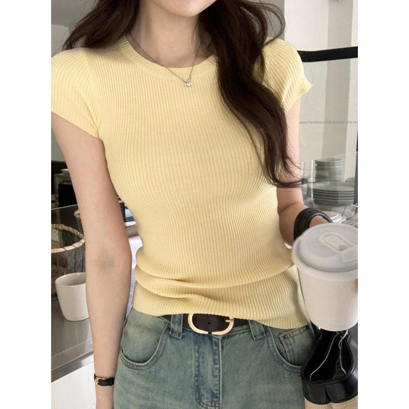 Yunsh Casual Versatile Round Neck Solid Color Slim Fit Elastic Knit Short-Sleeve T-Shirt for Women Spring/Summer 2026 New Style Slimming Yunsh Casual Versatile Round Neck Solid Color Slim Fit Elastic Knit Short-Sleeve T-Shirt for Women Spring/Summer 2026 New Style Slimming