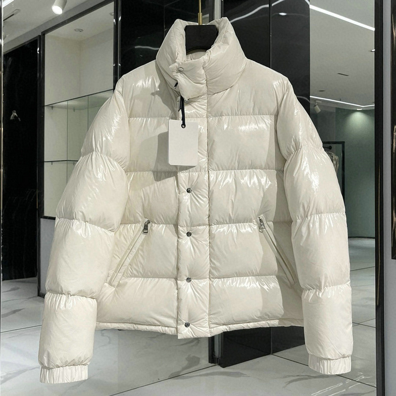 Mengjia Classy Waterproof White Mother-Of-Pearl Patent Leather Glossy Women's down Jacket Winter Fashion Jacket