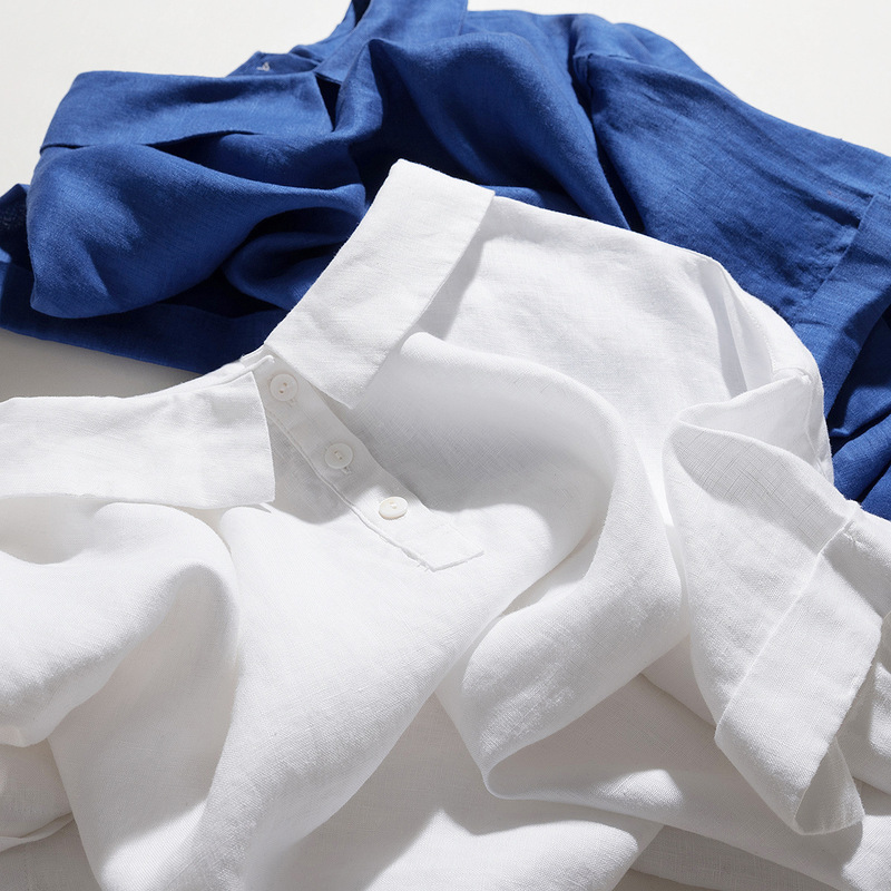 Sapphire Blue half sleeve shirt for customers pure linen POLO collar simple artistic double-sided top for women spring and summer new #023
