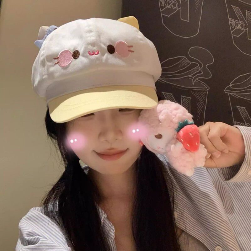 可爱卡通猫咪八角帽子女春夏出游甜美百搭显脸小贝雷帽学生报童帽|undefined