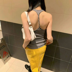 小衆SUN背中ツイストy型キャミソール女性25夏韓国系薄いグレーノースリーブニット綿上着