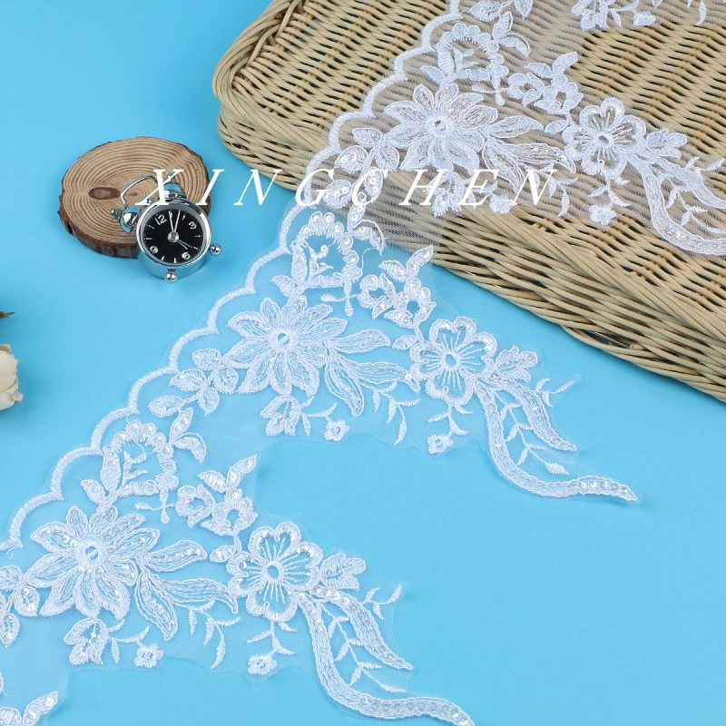 Lace sequin trim applique, bridal accessory, 26 см width, bleached/crystal or white transparent