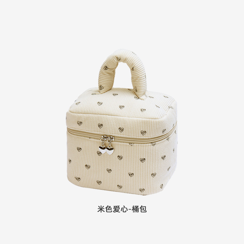 新しいコーデュロイ桃心化粧バッグ大容量高级感ポータブル化粧品収纳バケツバッグ