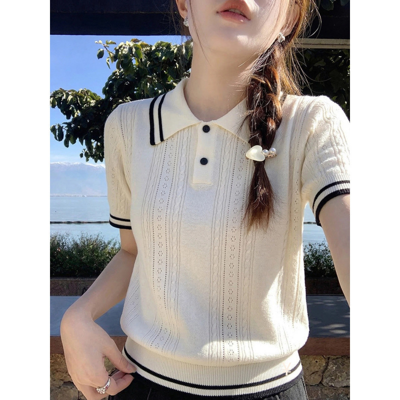 White Polo Collar Short-Sleeve Knit Top for Women, 2026 Summer New Versatile T-Shirt, Unique and Beautiful, Very Attractive Top