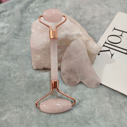 Natural Rose Quartz Roller Massage Tool Face Beauty Device Gua Sha Board Set Rose Quartz Beauty Instrument Wholesale