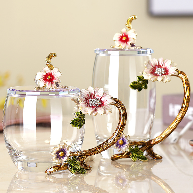 París marzo esmalte taza de agua de cristal resistente a altas temperaturas taza de té de flores para regalar a la novia maestros regalo de té
