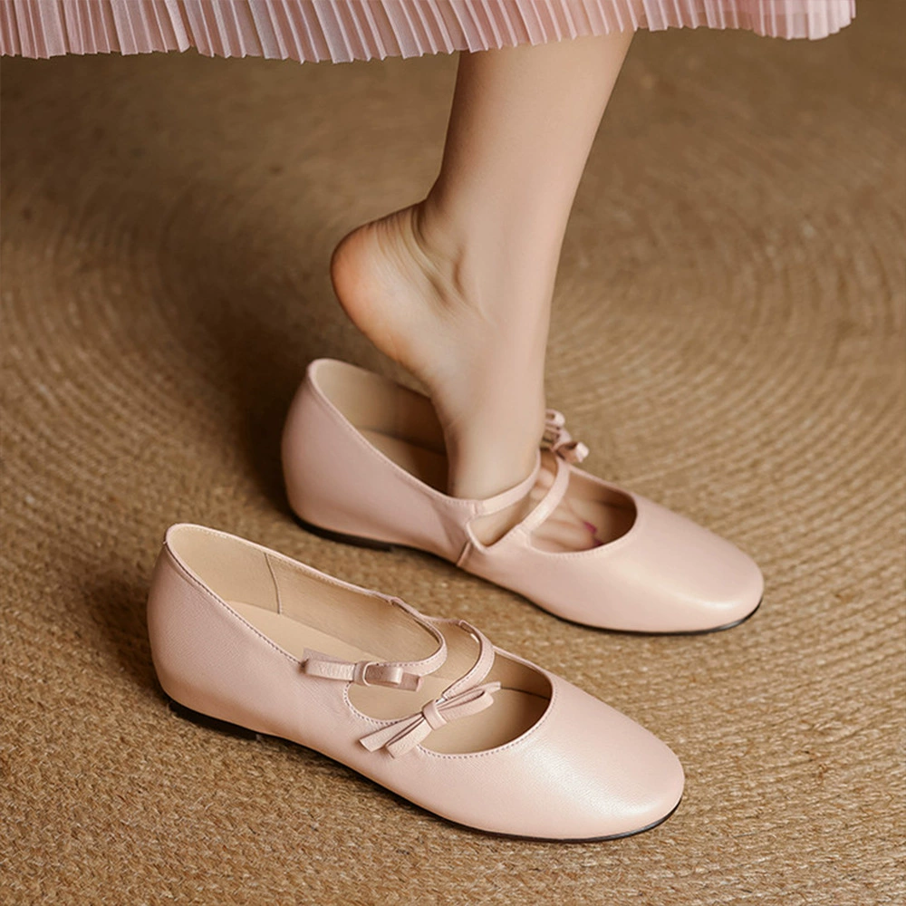 Модные женские туфли из овчины с бантом, увеличивающие рост, с неглубоким носком, лето и осень 2025, универсальные туфли Мэри Джейн на плоской подошве из натуральной кожи