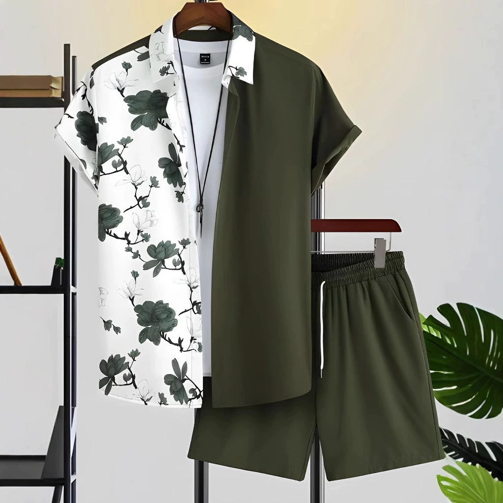 2024 Amazon TEMU с короткими рукавами хипстер 3D с принтом Гавайская трансграничная рубашка шорты с короткими рукавами мужской костюм