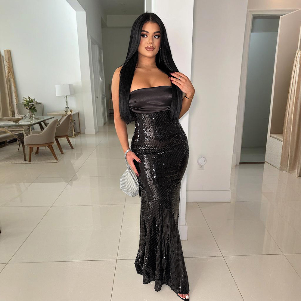 Sexy Tube Top Dress Satin Stitching Sequined Fishtail Dress Women Dress
