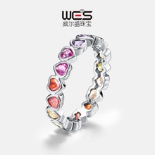 亚马逊跨境新款爱心彩锆戒指女S925银镶嵌彩宝指戒欧美风时尚百搭