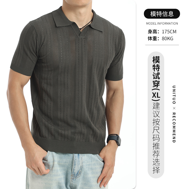 2026 verano nuevo hombre agujero rayas polo camisa de punto con solapa de manga corta europea y americana explosión de negocios casual hombre