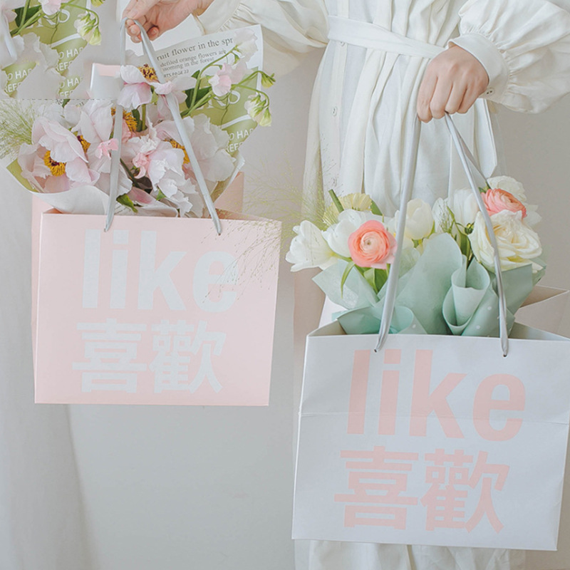 花束喜欢手提袋方形牛皮纸袋加长提手鲜花袋花盒加厚双面礼品袋