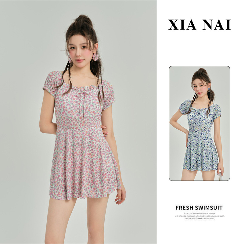 New Swimsuit Small Floral Milk Silk Women's Summer Sun Protection Cover Belly Slimming Look Conservative One-Piece Skirt Style Hot Spring Outfit