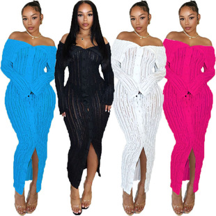 Amazon's Hot-Selling European and American Fashionable and Elegant One-Line Collar Sexy Hip-Hugging Skirt with Wavy Pattern Long-Sleeved Dress