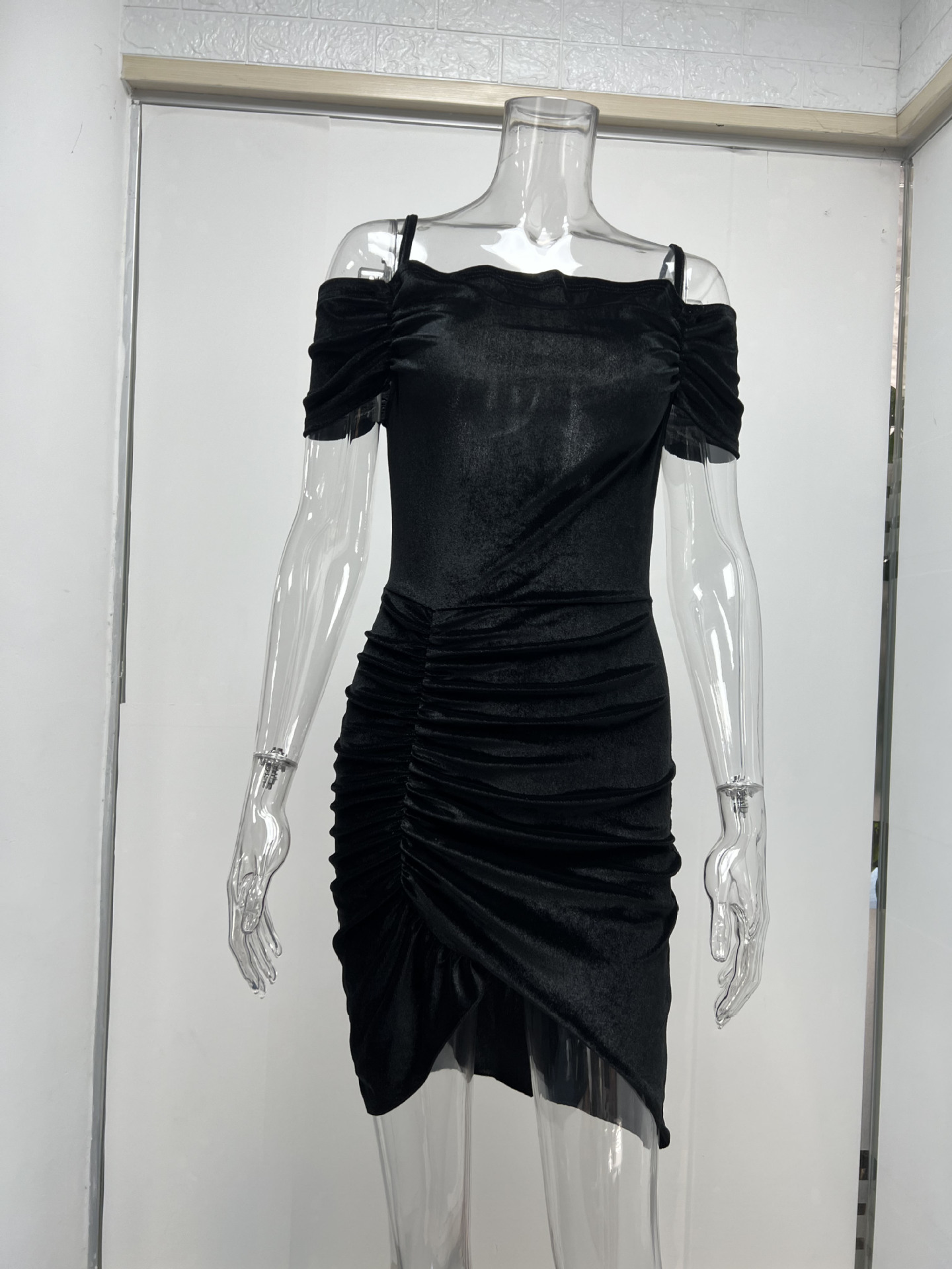 Spring Dress Sexy Slim Strap Fluff Drawstring Irregular Asymmetric Dress