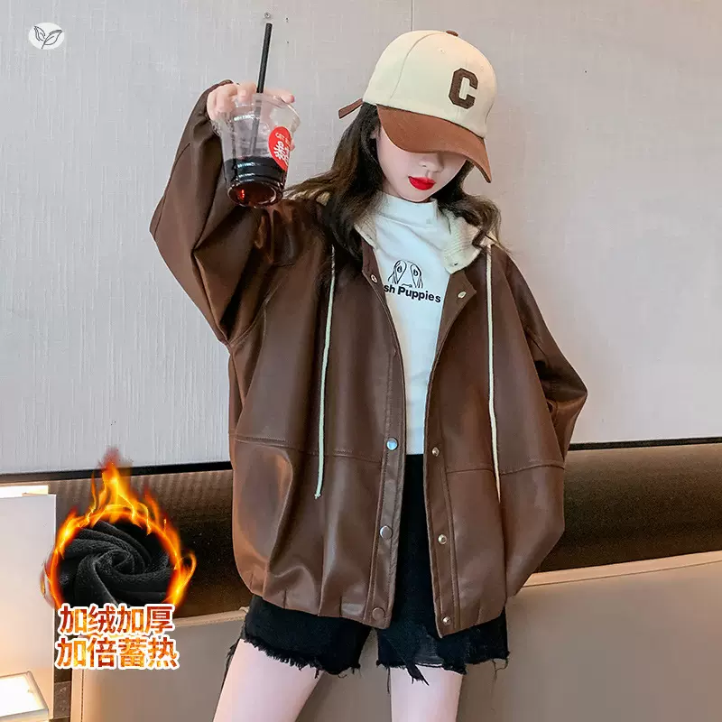 女童秋冬加绒皮衣外套2025新款连帽夹克中大童洋气儿童开衫上衣潮