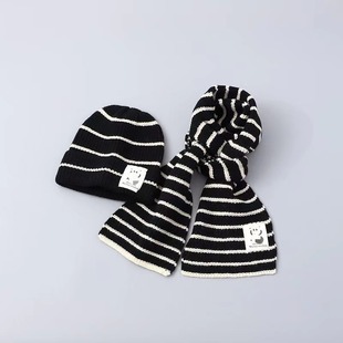 Children's hat scarf two-piece set for boys and girls winter striped wool warm baby knitted pullover ear protection cap tide