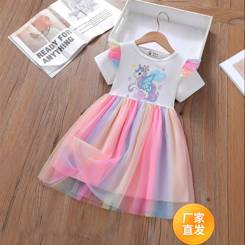 Foreign Trade INS Children and Girls Summer Unicorn Printing Flying Sleeve Stitching Color Mesh Korean dress