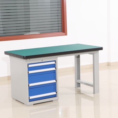 供应重型工作台，配四抽落地柜，50mm厚绿色复合台面