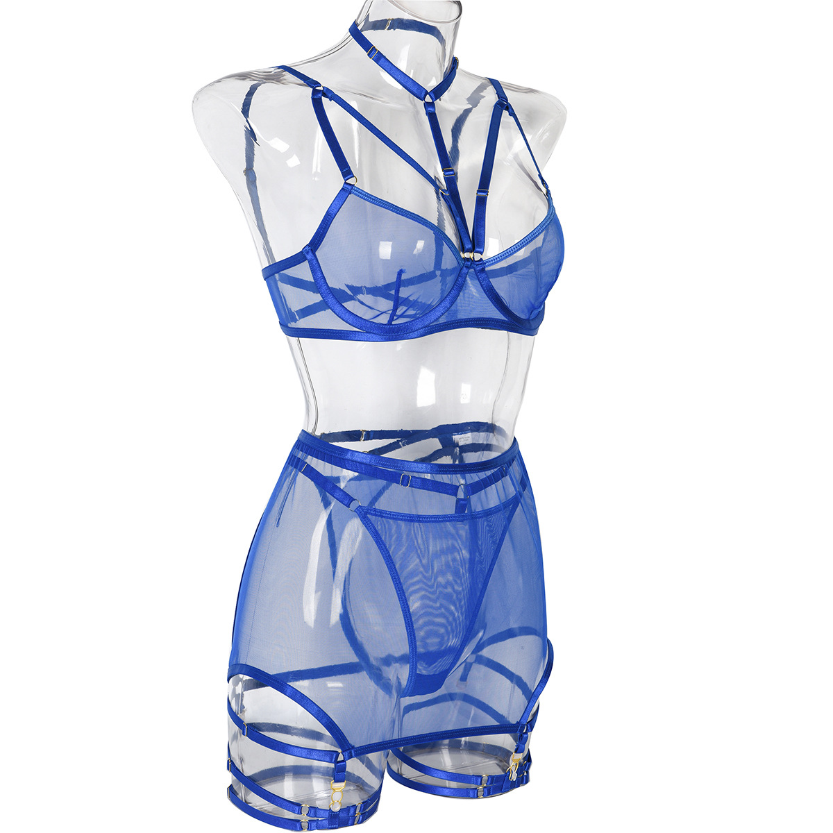 Dark Blue Color Sheer Skirted Three Piece Lingerie Set