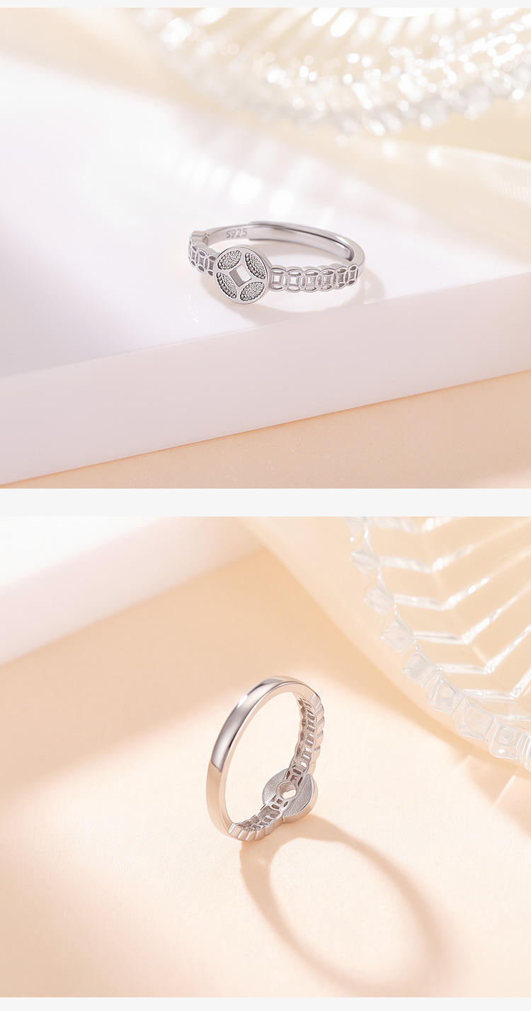 Nhẫn bạc sterling S925 hình đồng xu phong cách Trung Hoa, thiết kế mở điều chỉnh được — Một mảnh chi tiết 4