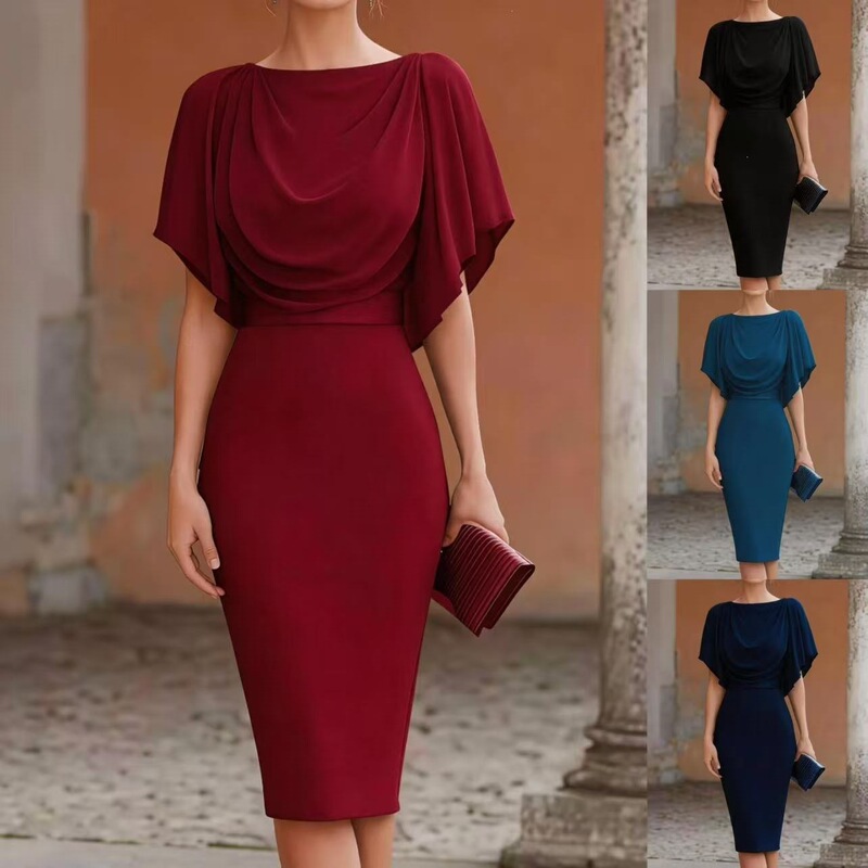 2026 European and American Amazon Cross-Border Elegant Swing-Neck Slim-Fit Bodycon Dress Formal Banquet Evening Gown One-Step Dress