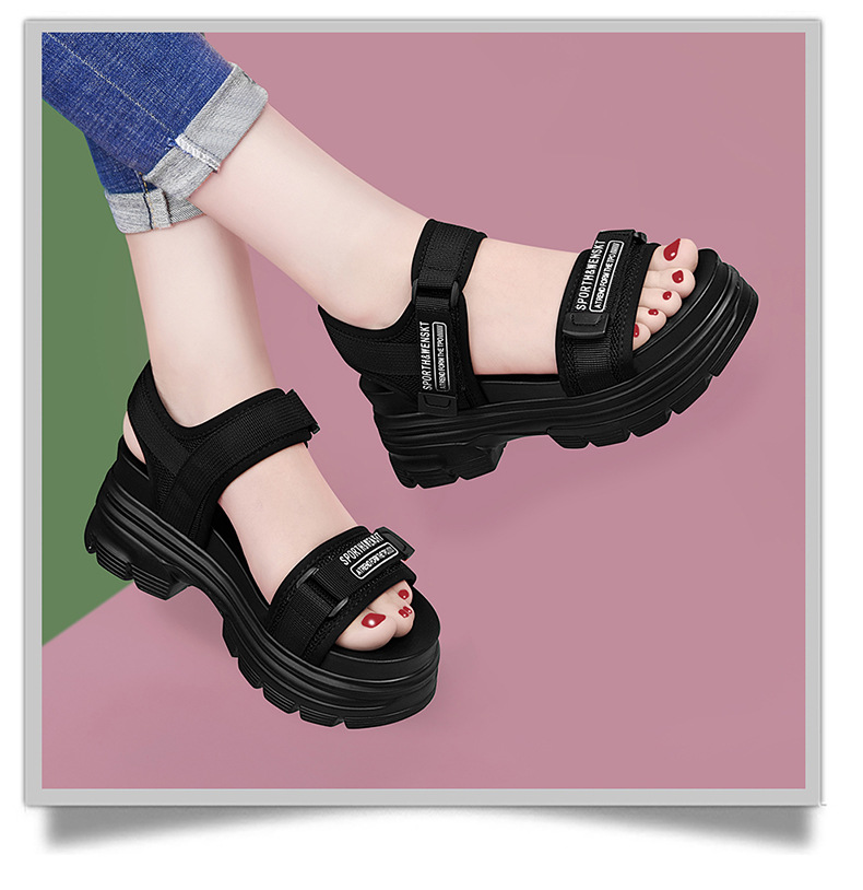 Giày sandal thể thao da thật đế dày nữ gót 4cm quai chữ V khóa dán — JST 1609 cao gót xanh đen 4cm, Đen trắng 2001 LJ, JST 1611 cao gót xanh đen 4cm, 2206 ML màu đen chi tiết 9