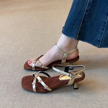法式水钻花一字带方头凉鞋女气质百搭配裙子高跟鞋夏