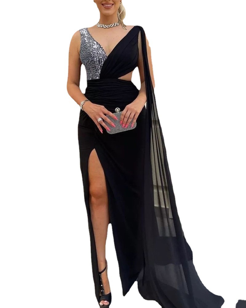 European and American Cross-border Amazon Double Mesh Sequin Split Sexy Off-shoulder Deep V Banquet Dress Evening Dress